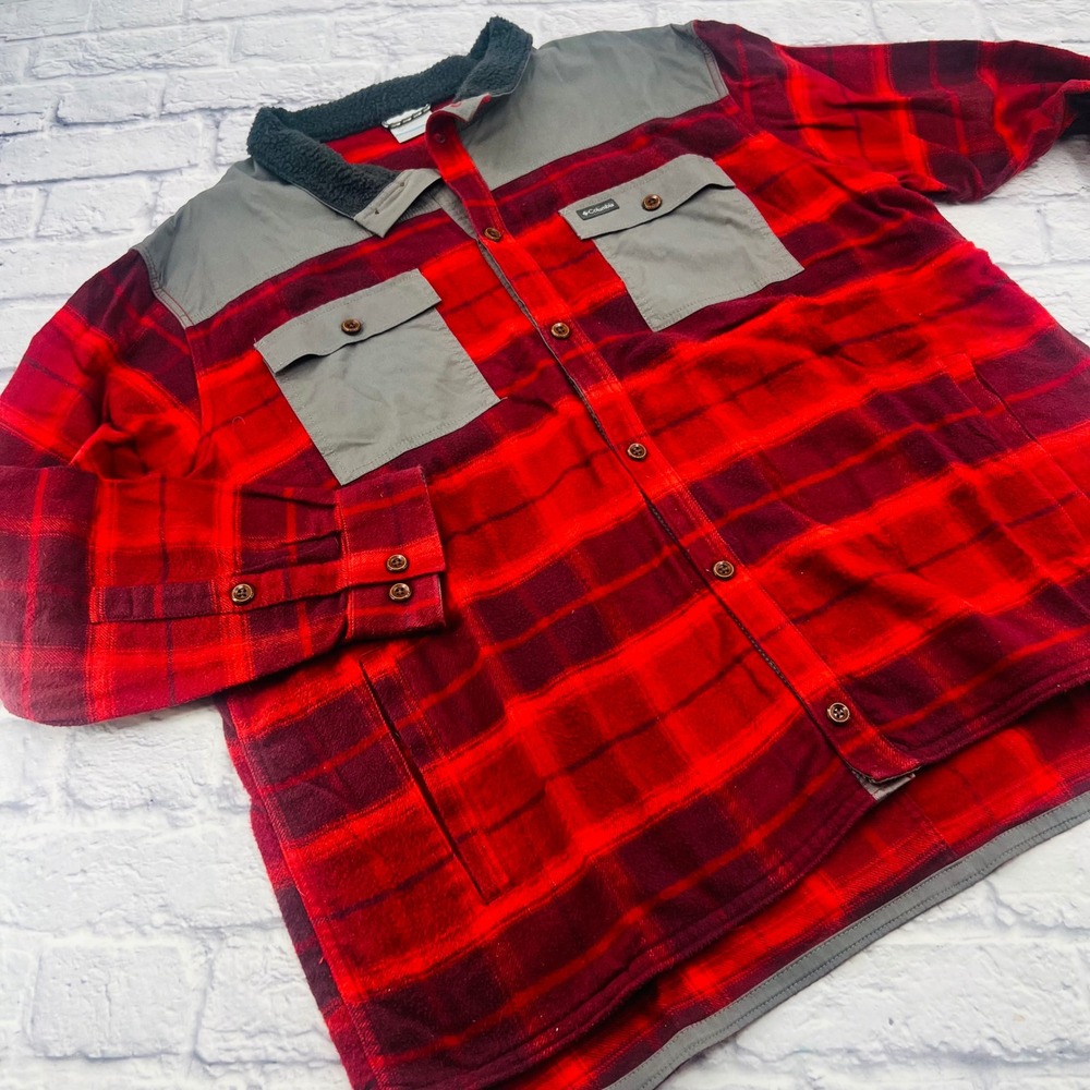 Columbia Mens XXL Red Grey Plaid Flannel Shirt Jacket Sherpa Collar Heavyweight